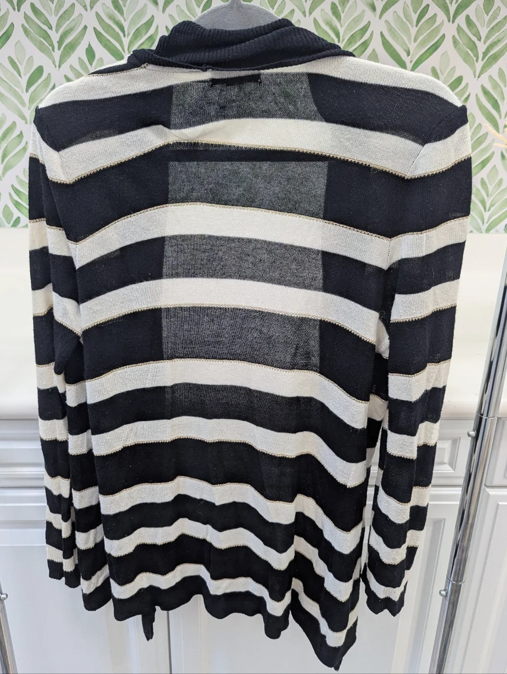 Striped Open-Front Cardigan Black and Cream Charter Club Large Metallic Stripes